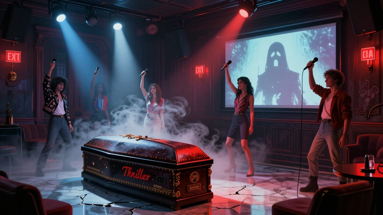 Group performing in a Thriller-themed room with fog, a coffin prop, and flickering strobe lights.