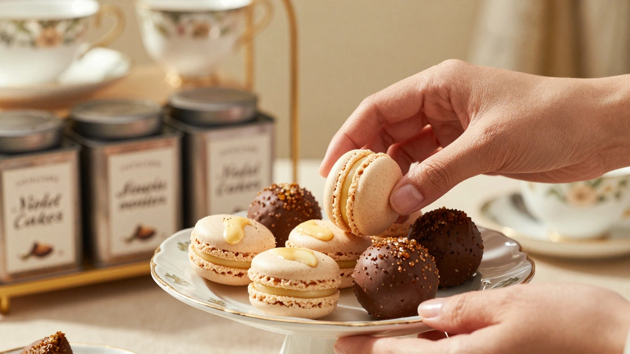 Hand-placed vegan macarons and chocolate truffles with cashew icing on porcelain plate.