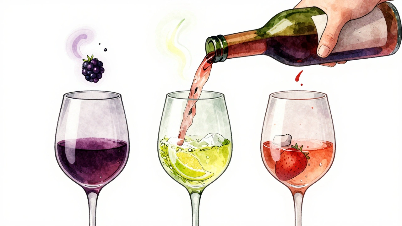 Hand pouring wine into three glasses with floating aroma symbols representing red, white, and rosé.