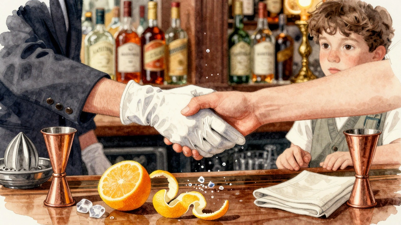 Hands shaking a cocktail during a mixology class, citrus peels and ice scattered on wooden counter.