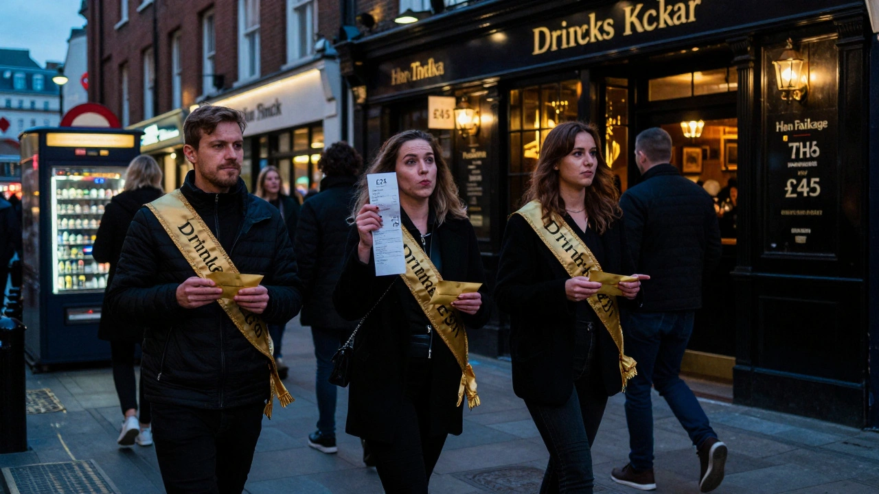 Hen night group walking through neon-lit Soho streets, each holding a £30 cash envelope for drinks.