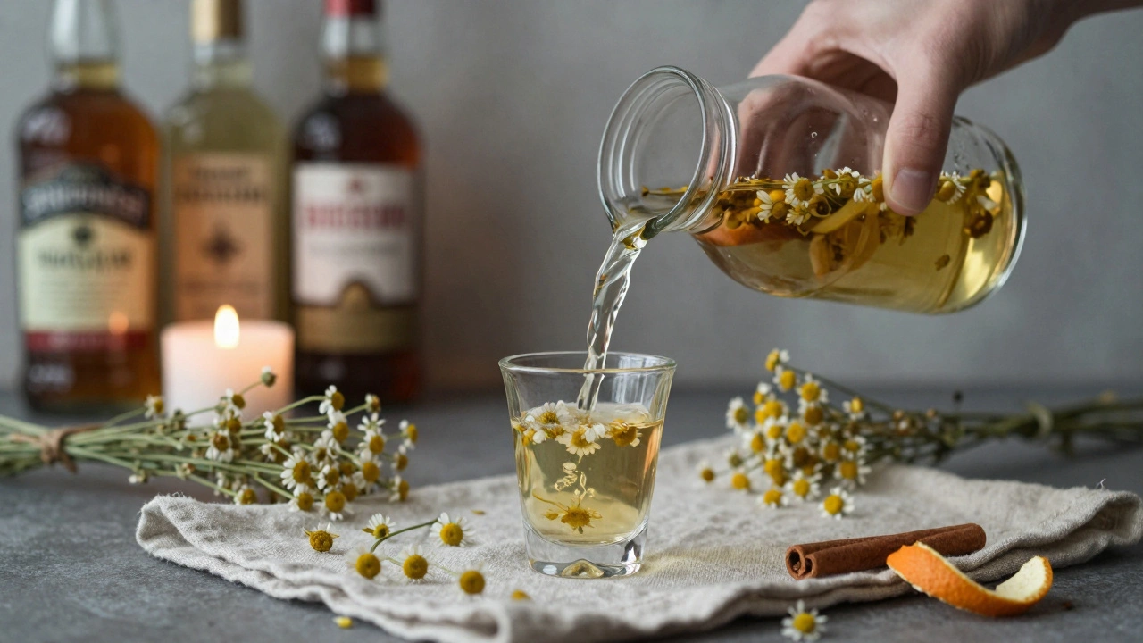 Herbal infusion being poured into a small glass with dried botanicals on a linen napkin.