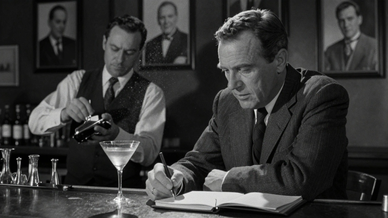 Ian Fleming at Dukes Bar in the 1950s, writing beside his martini as the bartender stirs with quiet focus.