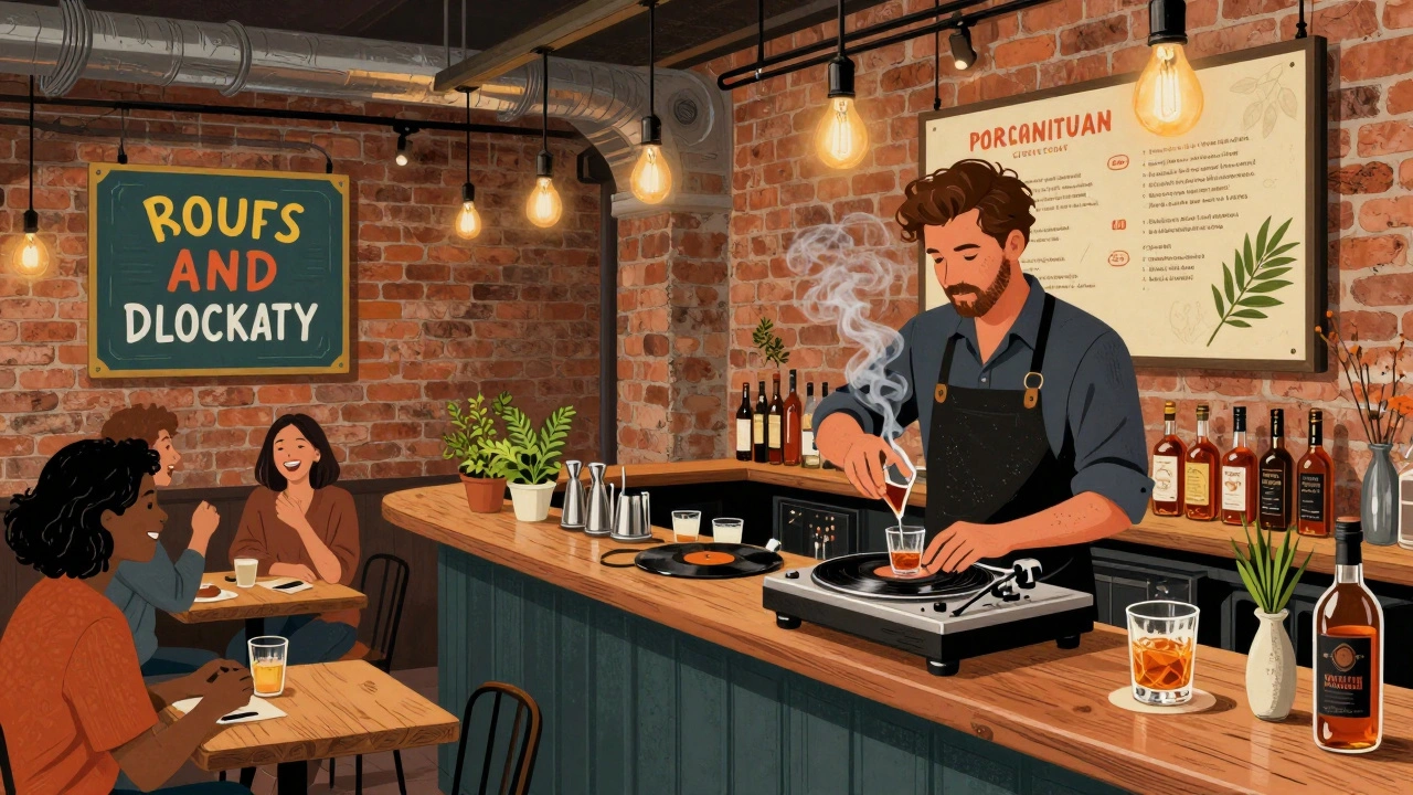 Industrial-style cocktail bar in Peckham with handmade drinks and vinyl records playing.