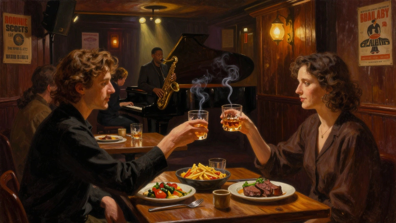 Intimate jazz duo playing in a dimly lit London club, diners enjoying British food at wooden tables.