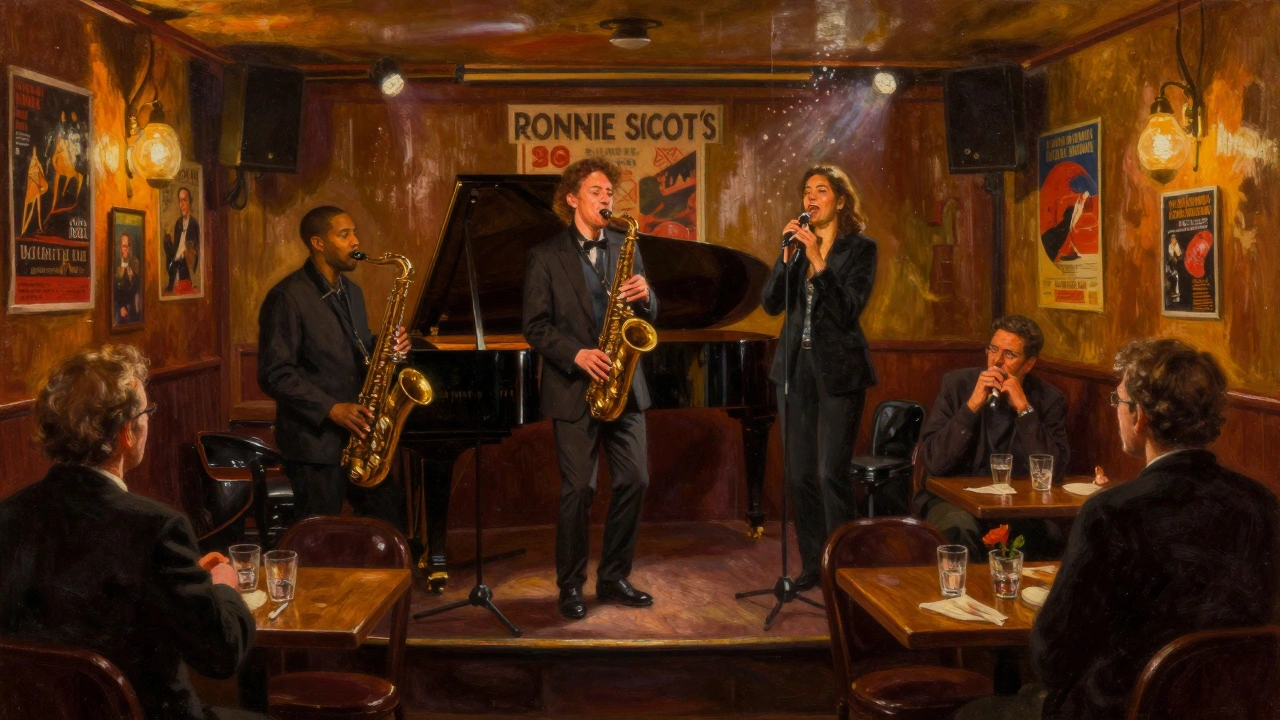 Intimate jazz trio performing at Ronnie Scott’s with warm lighting and quiet patrons enjoying the music.