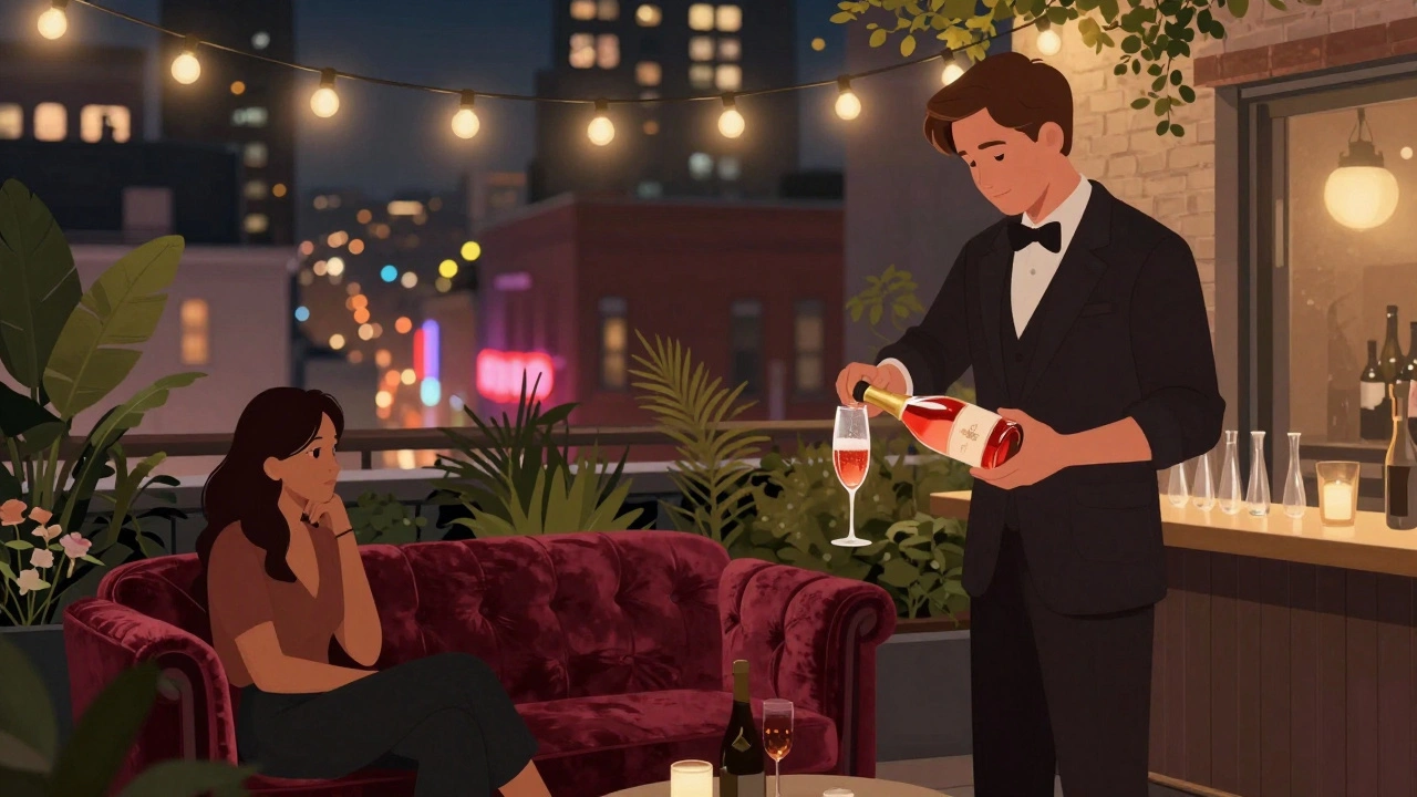 Intimate rooftop garden with string lights and a barman pouring rosé champagne in Soho, London.