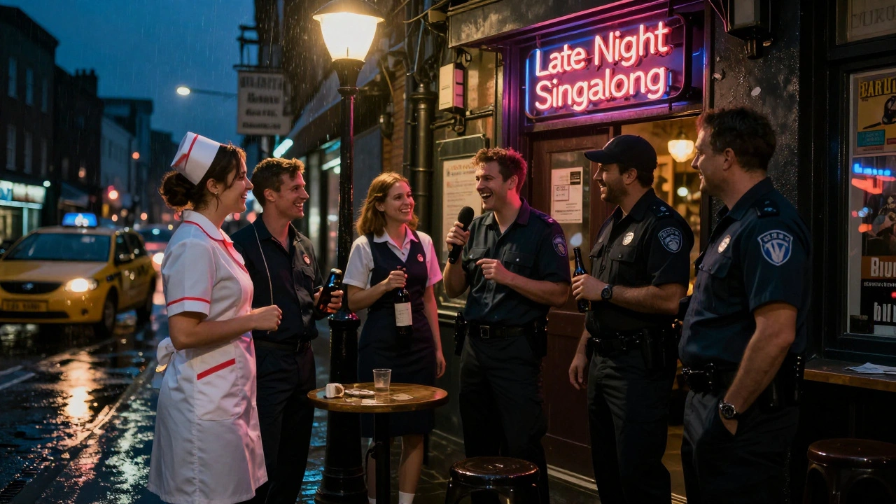 Late-night group outside a karaoke bar holding a mic and wine bottle under a neon sign.
