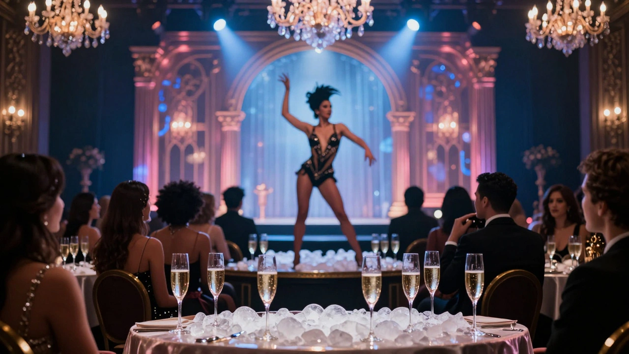 Luxurious front-row cabaret seats with champagne and a glamorous performer on stage.