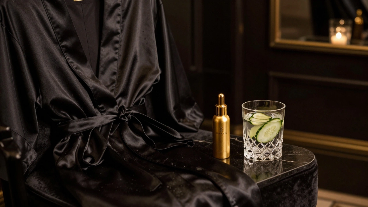 Luxury spa suite with silk robe, serum bottle, and cucumber water on marble surface.