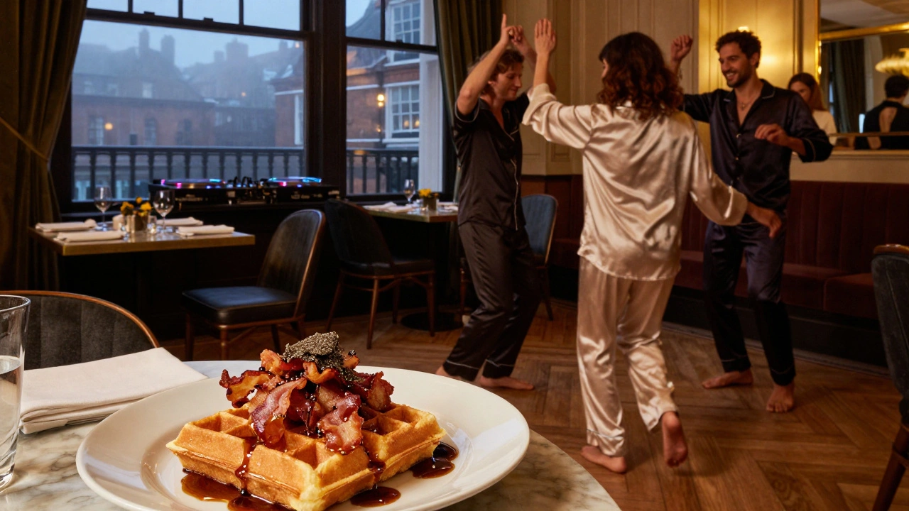 Midnight brunch with guests dancing in pajamas, waffles on tables, and disco lights under a London night sky.