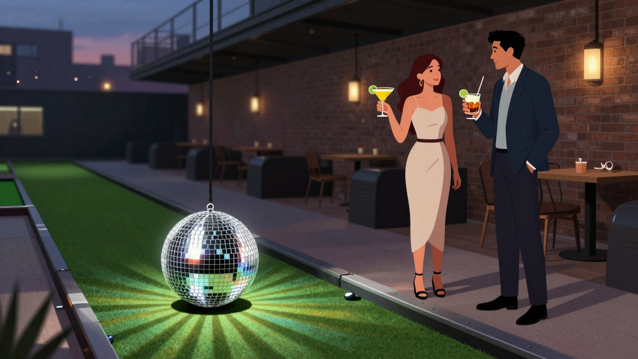 Modern mini-golf hole in Shoreditch with spinning disco ball and couples enjoying crafted cocktails.