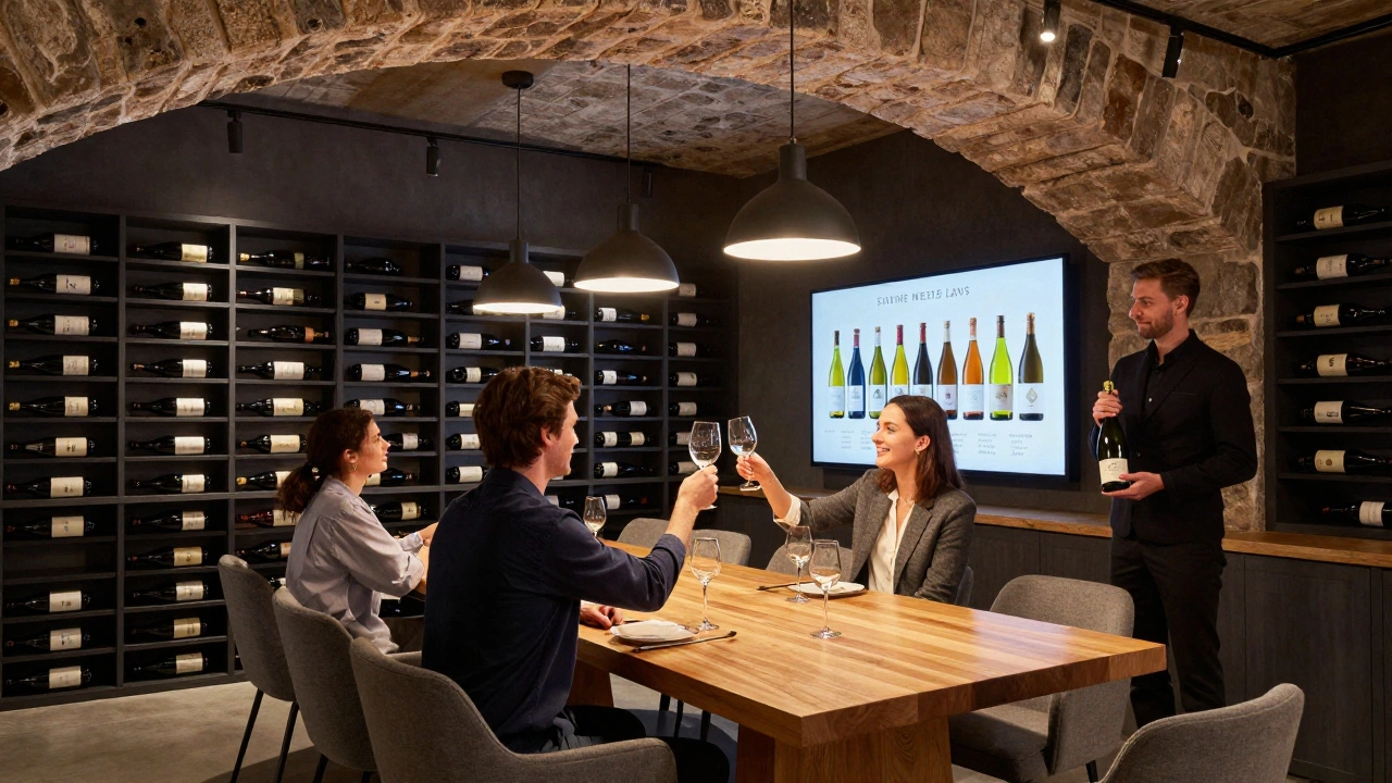 Modern wine room in Soho with stone arch and guests toasting under industrial lighting.