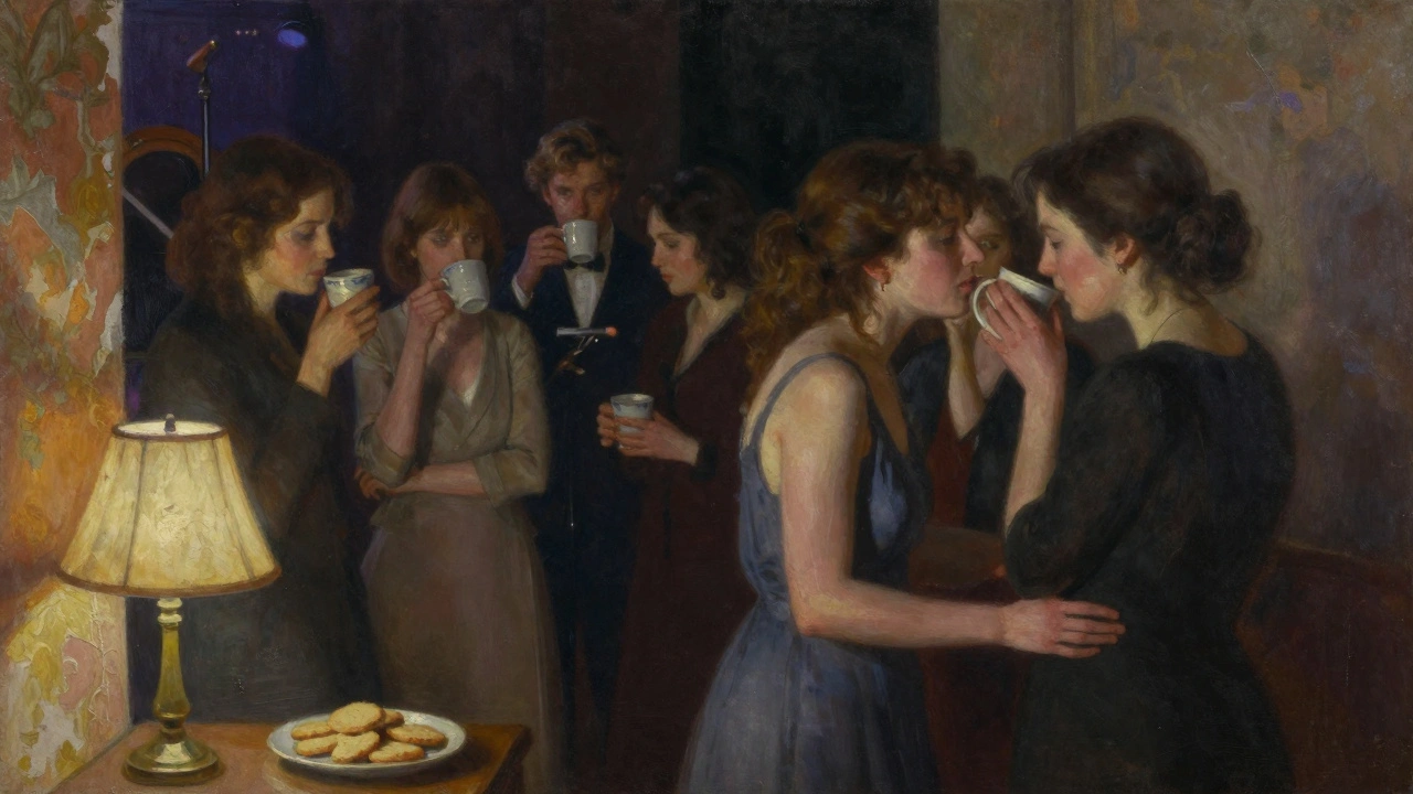 Musicians and audience sharing a quiet, emotional moment after a jazz performance, sipping tea and exchanging quiet thanks.