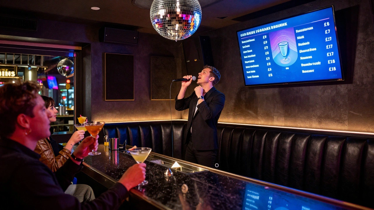 Nighttime karaoke bar in Shoreditch with patrons drinking cocktails under a disco ball.