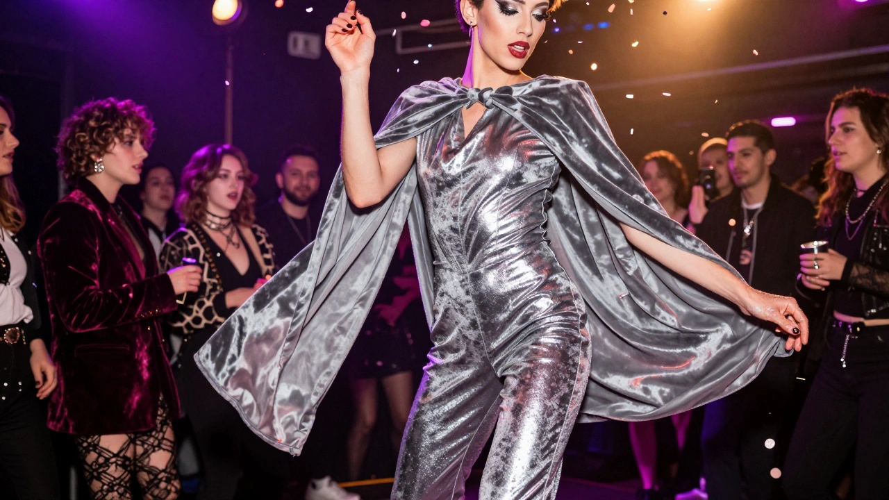 Non-binary guest in silver jumpsuit and cape, barefoot with glittered toes, dancing under neon lights.