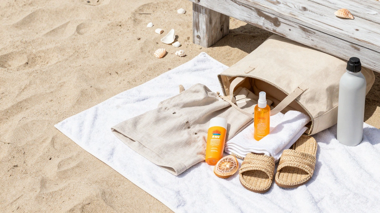 Open beach bar bag with kaftan, sandals, sunscreen, and water bottle on sandy towel.