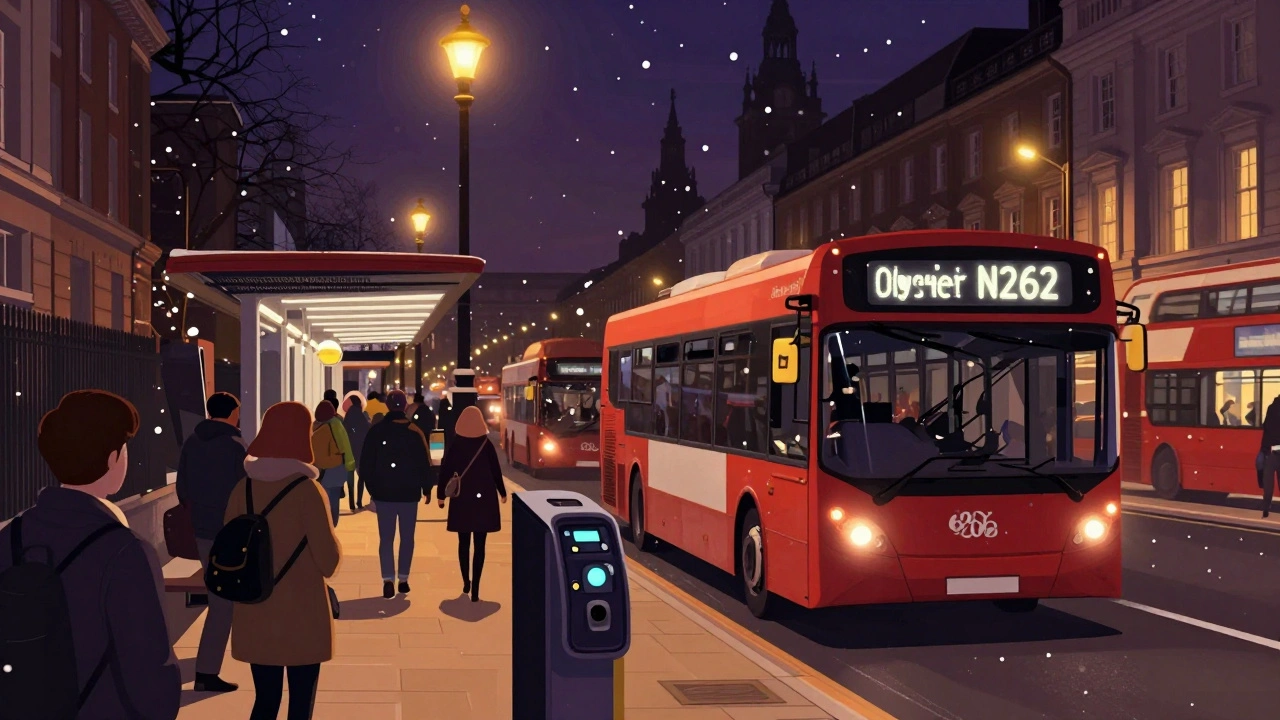 Passengers waiting at a well-lit night bus stop in London with an arriving N262 bus.