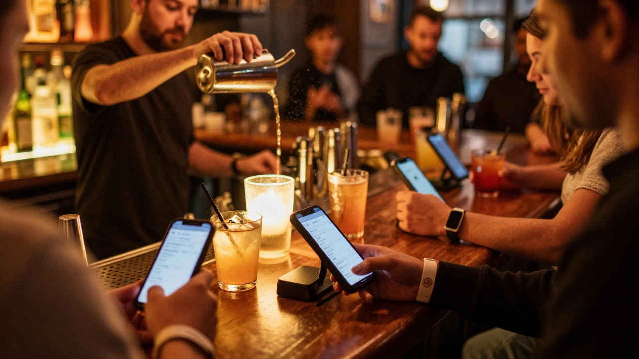 Patrons tapping wristbands to order drinks at a cashless bar in Shoreditch.