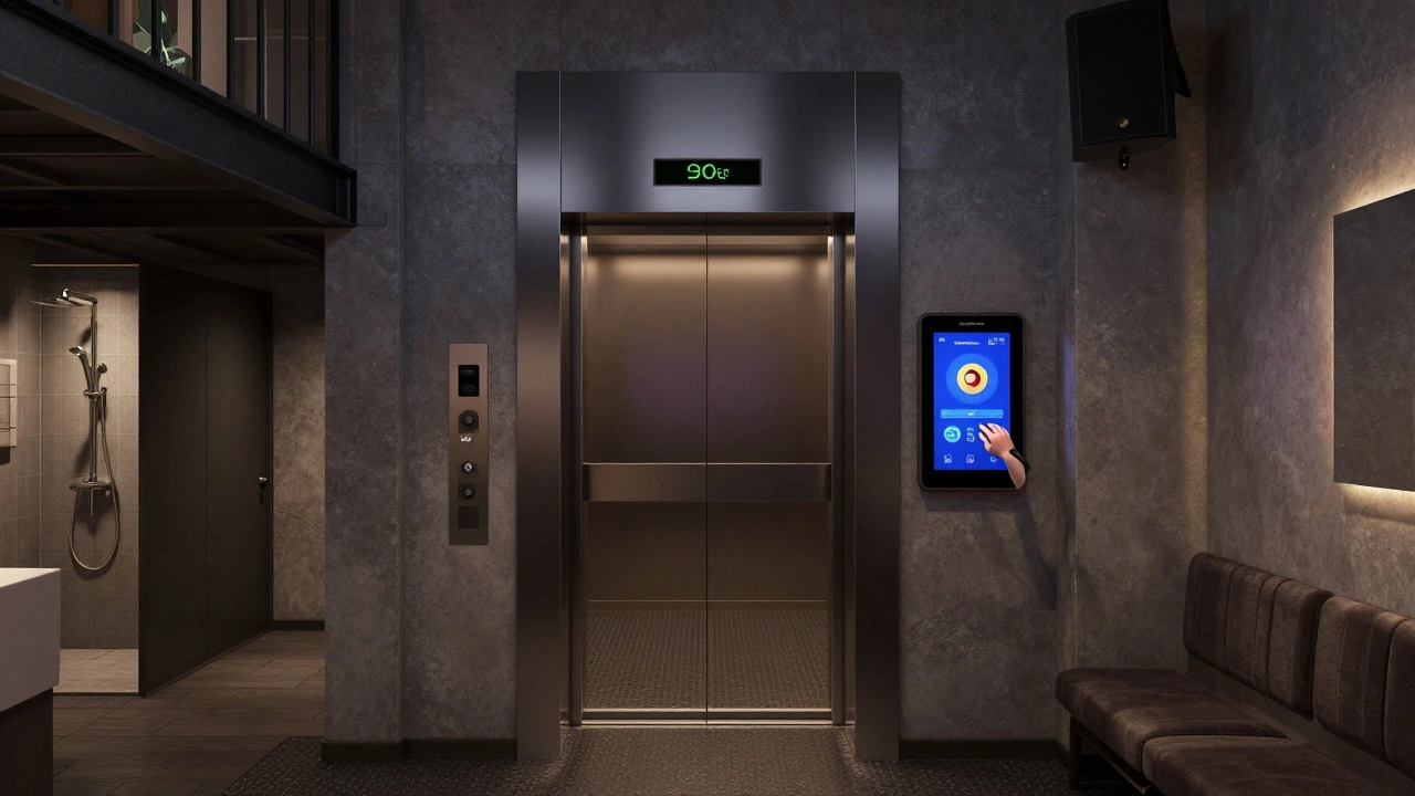 Quiet karaoke room with low lighting, touchscreen tablet at waist height, and accessible restroom visible.
