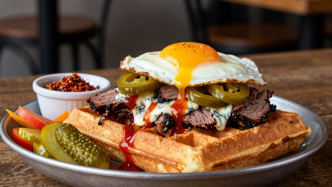 Savory waffle with pulled brisket, blue cheese, pickled jalapeños, and fried egg.