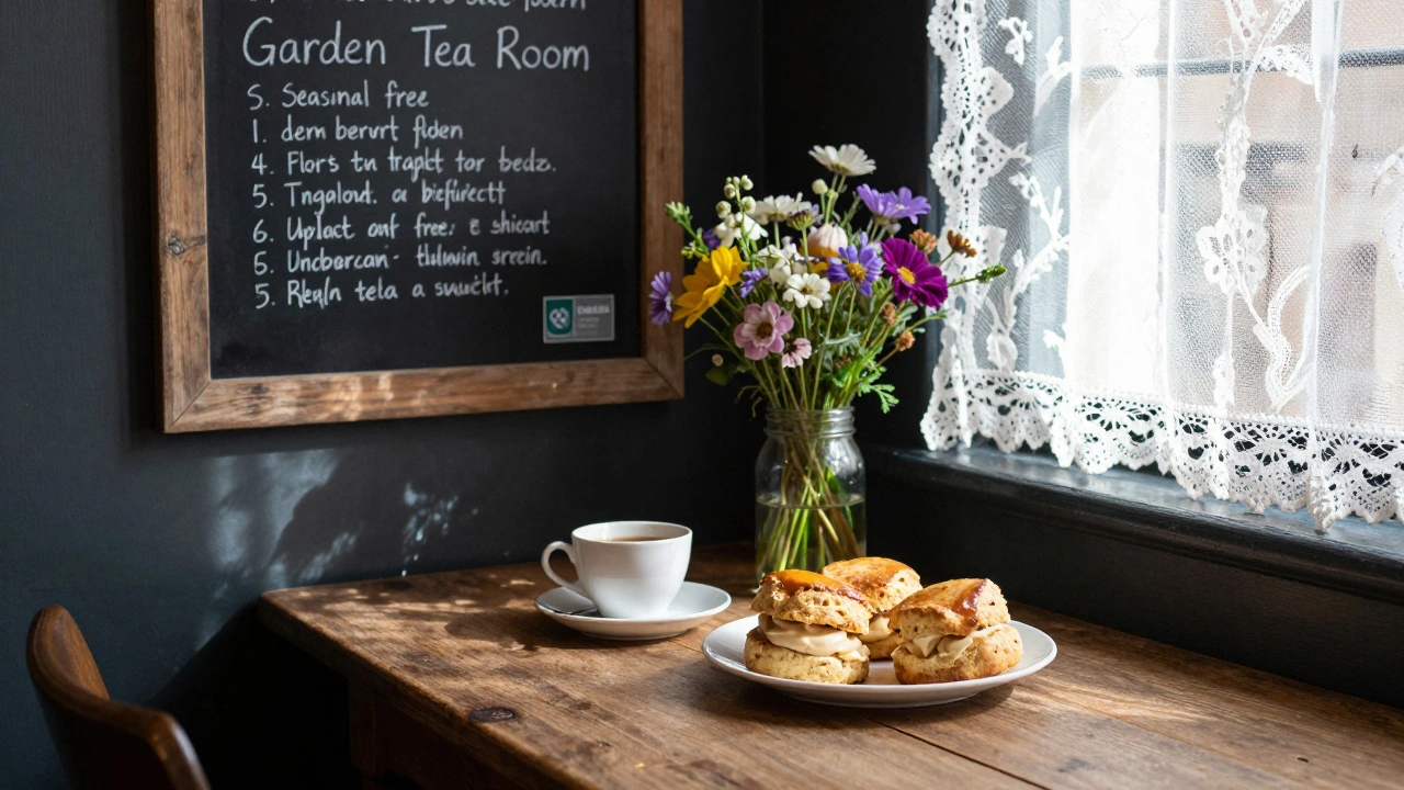 Seasonal gluten-free scones and pear cake at a chalkboard tea room with wildflowers.