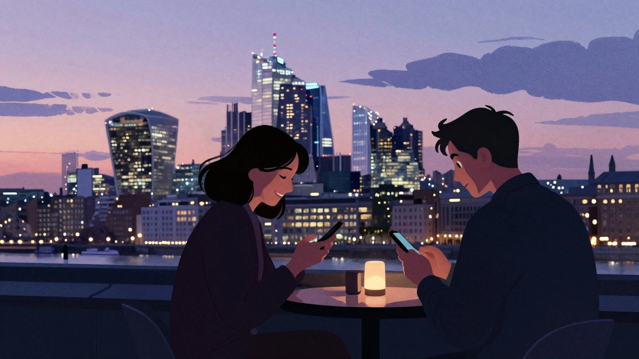 Silhouetted figures at a London rooftop bar, one texting as city lights glow behind them.