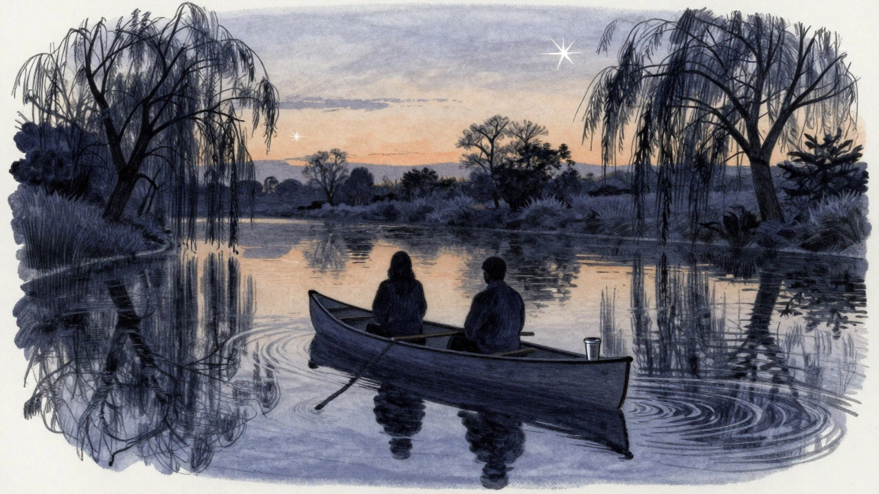 Silhouettes in a canoe on the Grand Union Canal at dusk, reflections of trees and stars on water.