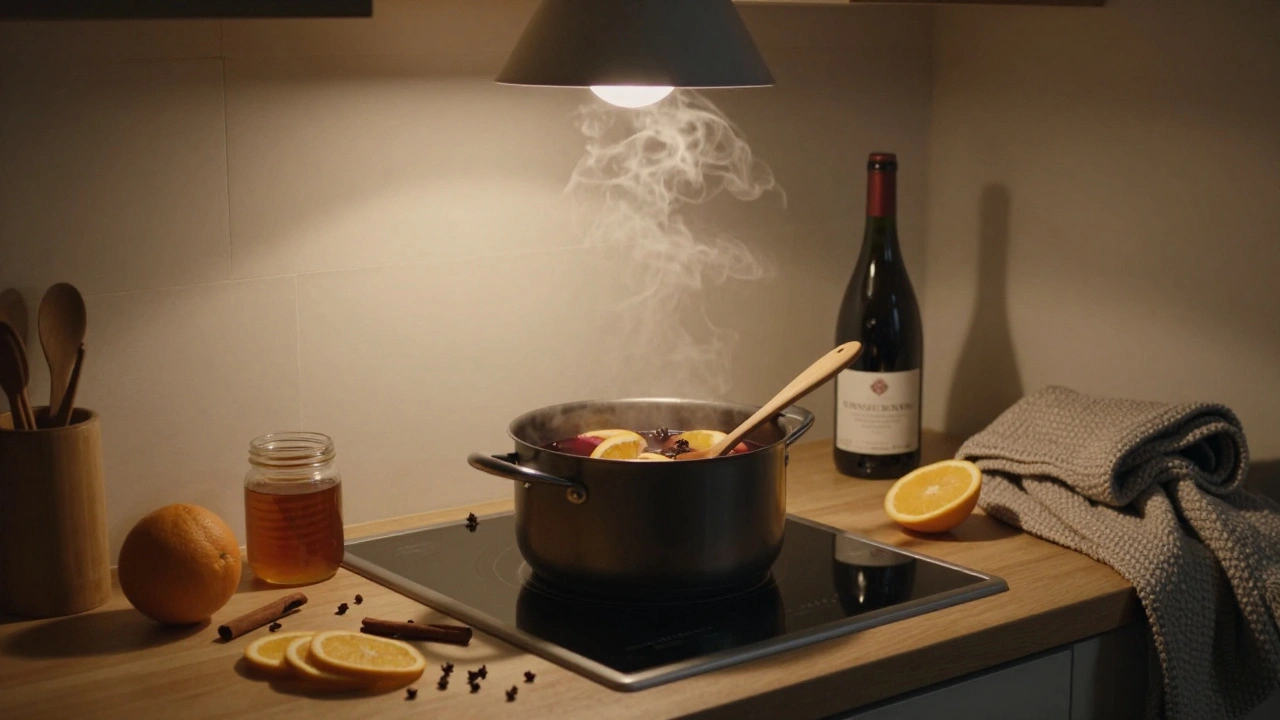 Simmering mulled wine on a stove at home, with cinnamon sticks and orange slices nearby.