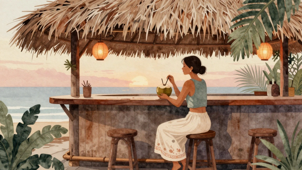 Solo traveler in Bali at sunset, holding a coconut at a thatched bar with lanterns.