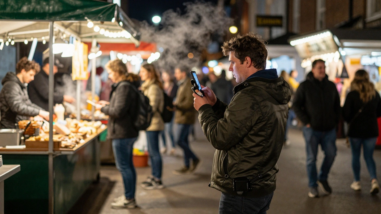 Someone capturing night market scenes in Camden with minimal gear, under string lights and steam.
