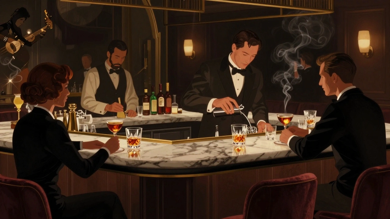 Sophisticated patrons at The Connaught Bar sipping cocktails in a dimly lit, timeless lounge.