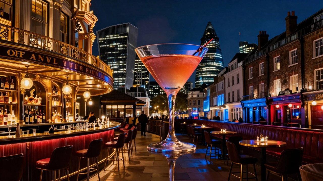 Split-city skyline showing luxury and indie cocktail bars in London at night.