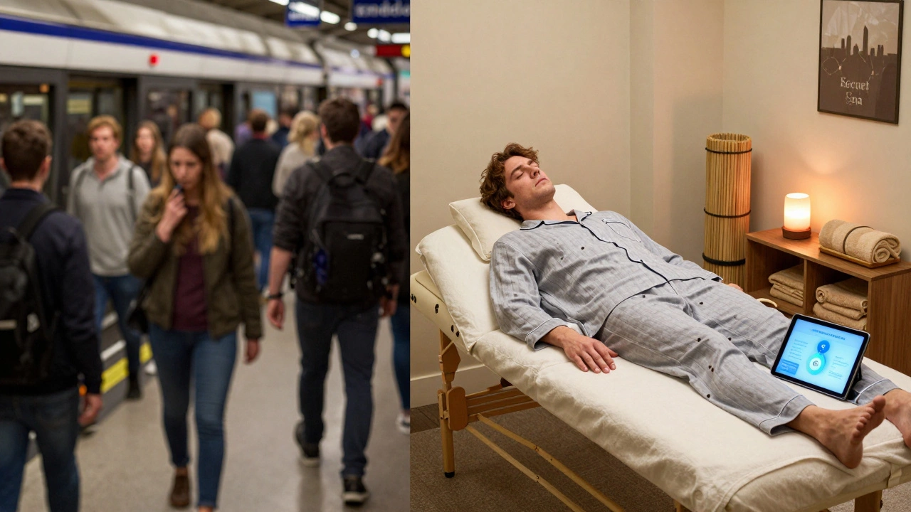 Split image: crowded subway vs. peaceful at-home spa session, showing contrast between stress and relief.