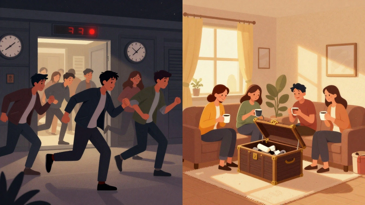 Split scene showing a crowded weekend escape room versus a calm weekday session.