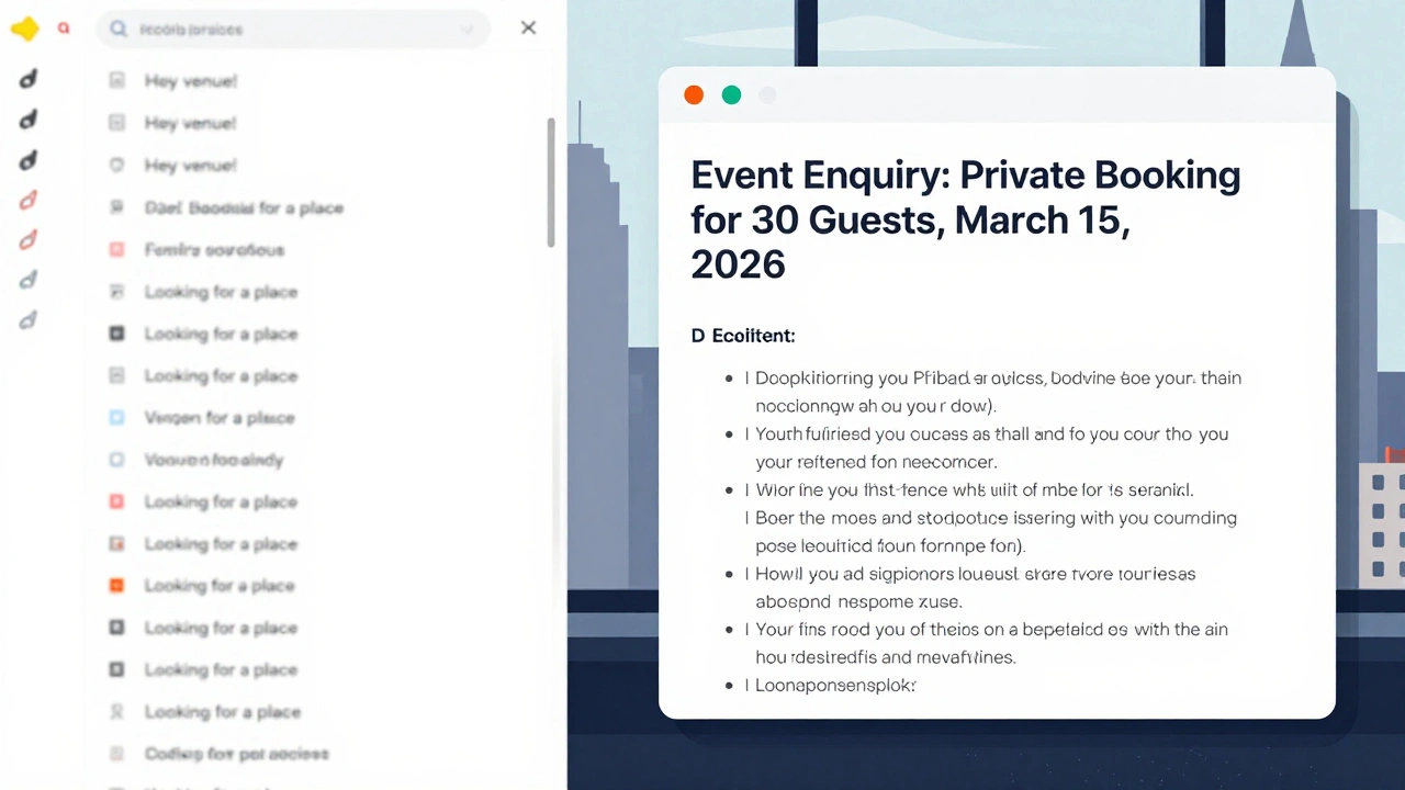 Split-screen showing cluttered vague emails versus one well-structured venue enquiry email with London skyline in background.