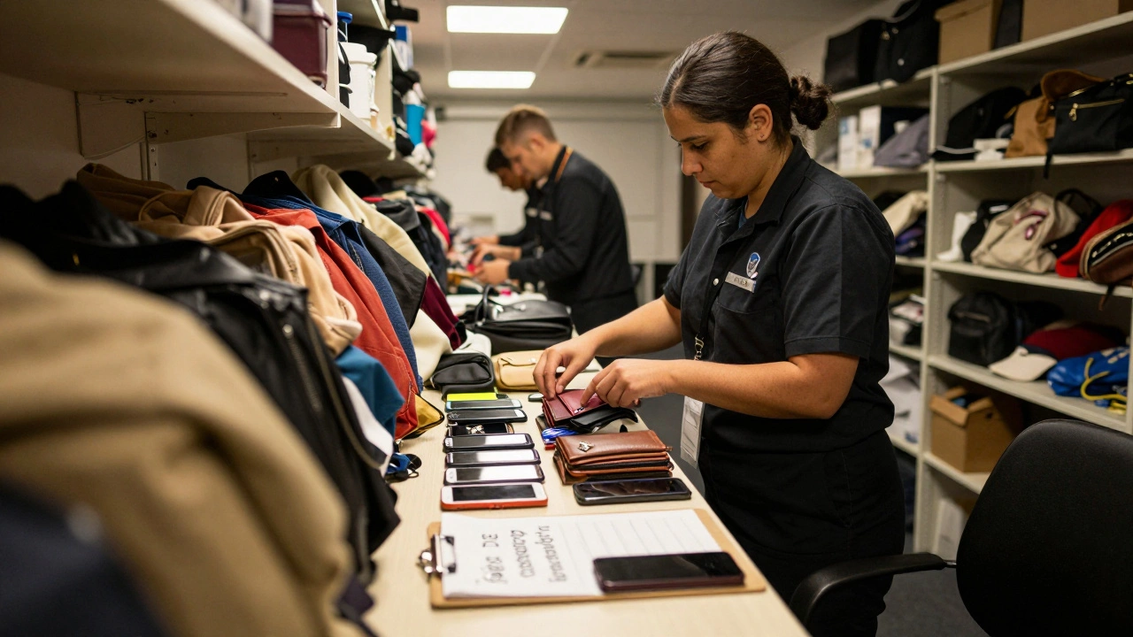 Staff sorting lost items in a venue office, including a bag with a unicorn pin.