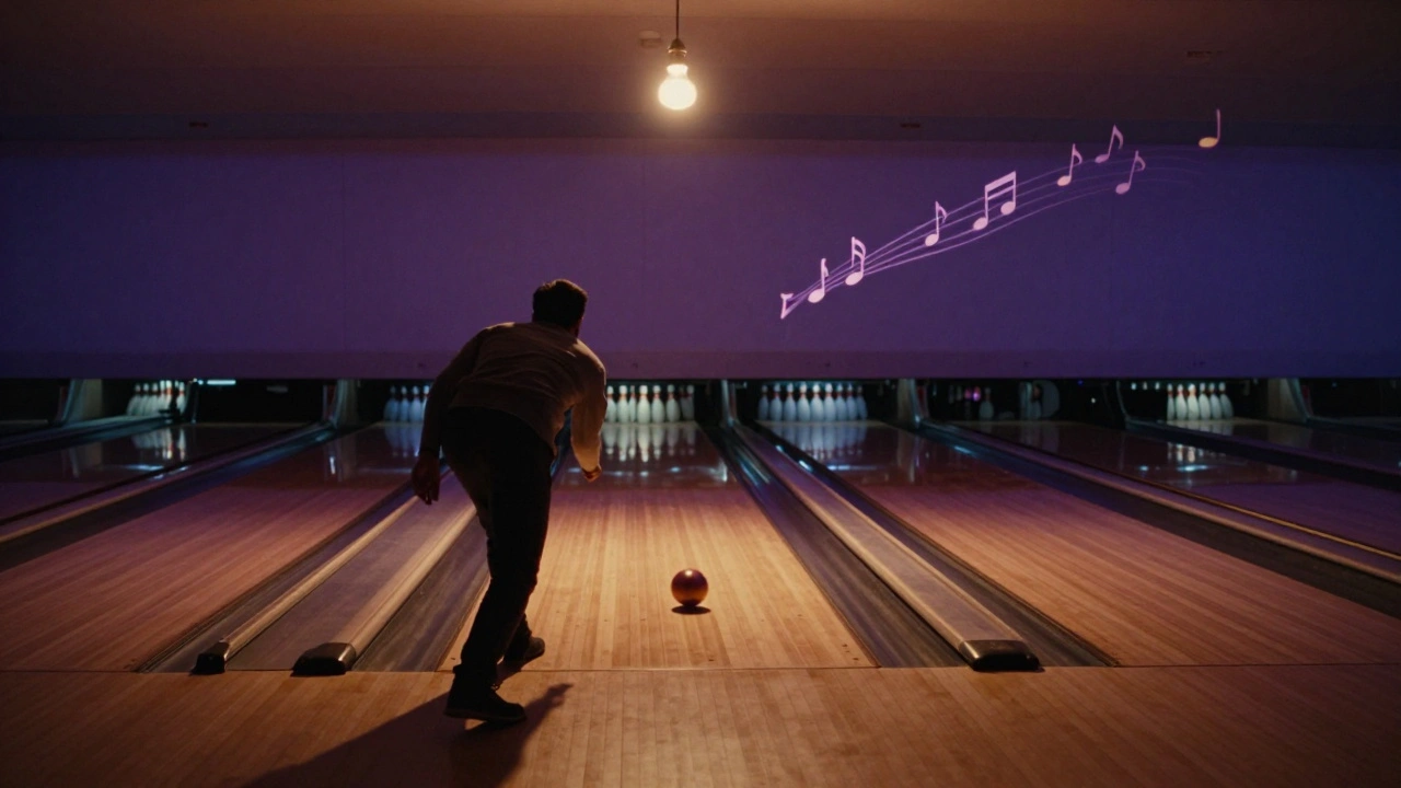 Surreal solo bowler in a dimly lit alley with floating music waves and a glowing ball, evoking quiet rhythm.