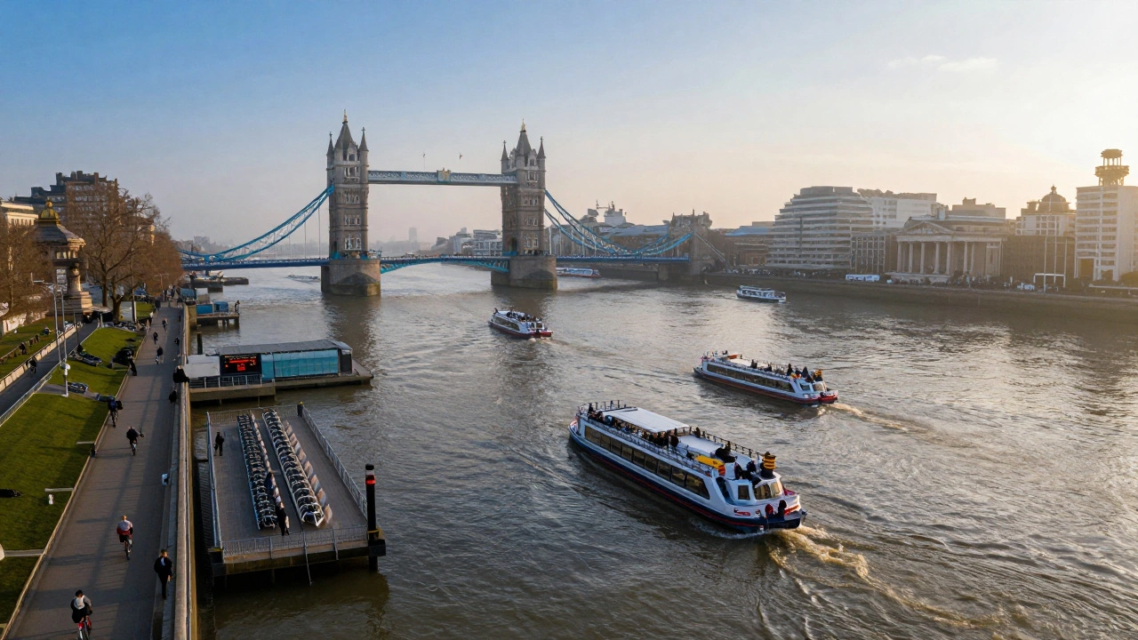 Thames Clippers boats traveling along the River Thames with passengers boarding during a rail disruption.
