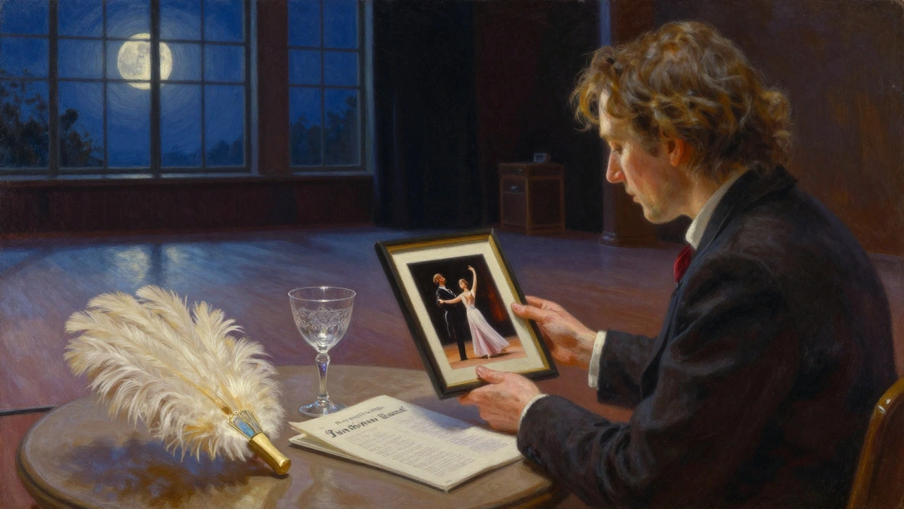 The guest holds a framed photo and engraved glass amid mementos, moonlight casting quiet reflection after the show.