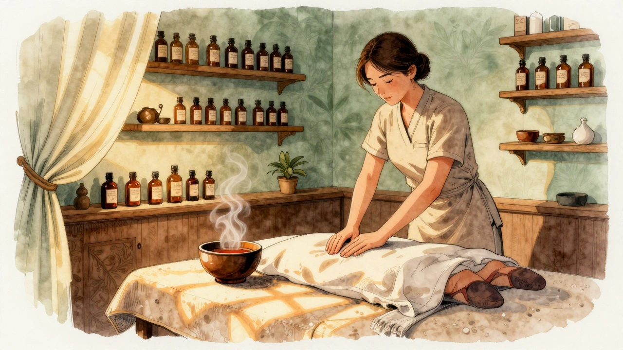 Therapist giving a massage in a cozy boutique spa with herbal tea and warm lighting.