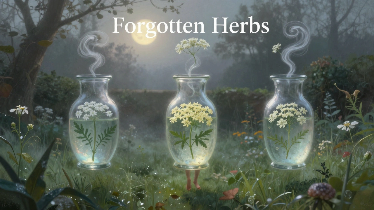 Three glowing glass vessels with botanical essences floating above a misty garden at dawn.