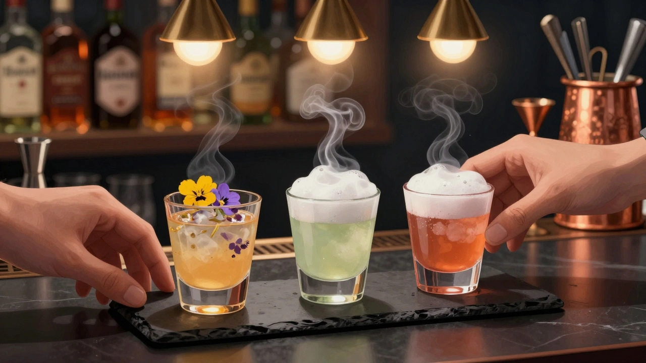 Three small artisanal cocktails on a slate tray with smoke and edible flowers, moody bar lighting.