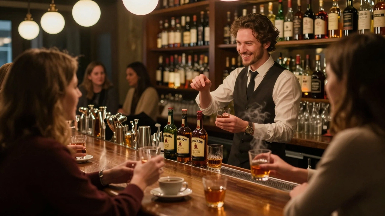 Three women tasting Irish whiskeys at a bar, bartender speaking softly beside them.