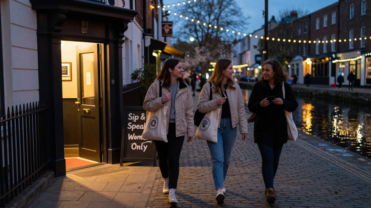 Three women walking at night through a London alley toward a glowing brewery entrance, tote bags in hand.