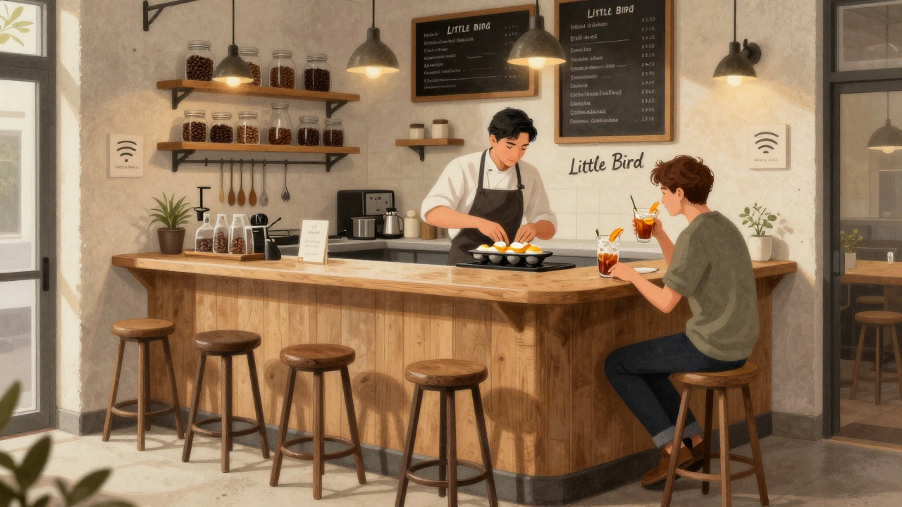 Tiny café counter with chef poaching eggs and customer drinking a cold brew cocktail, surrounded by coffee beans and chalkboard menu.
