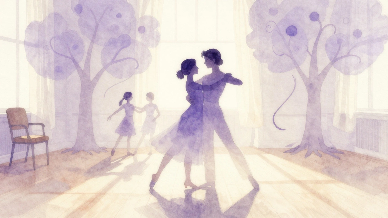 Two dancers gently turning in ballroom style, surrounded by soft abstract tree shapes symbolizing movement.
