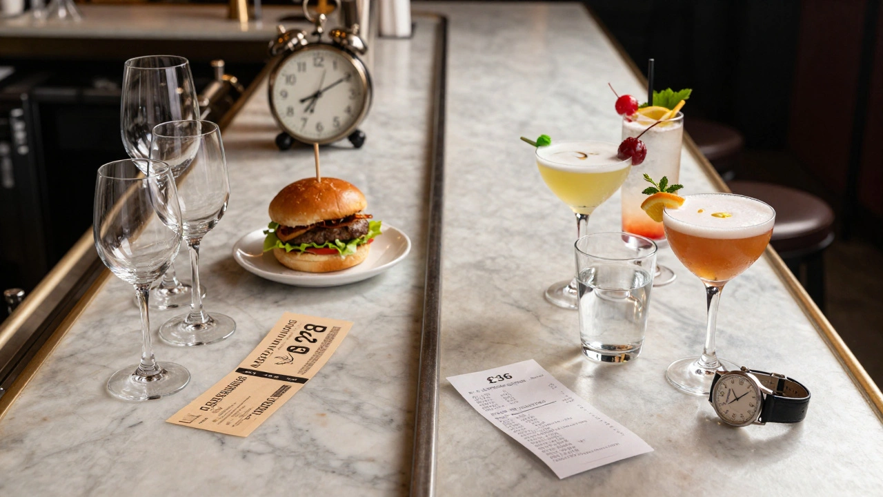 Two drink paths on a bar counter: four cheap drinks vs three premium cocktails, with time and food cues showing cost trade-offs.