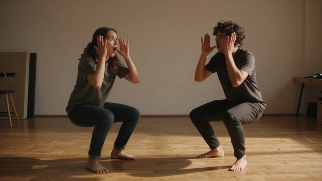 Two people in a studio mirror each other's facial expressions and movements during an improv exercise.
