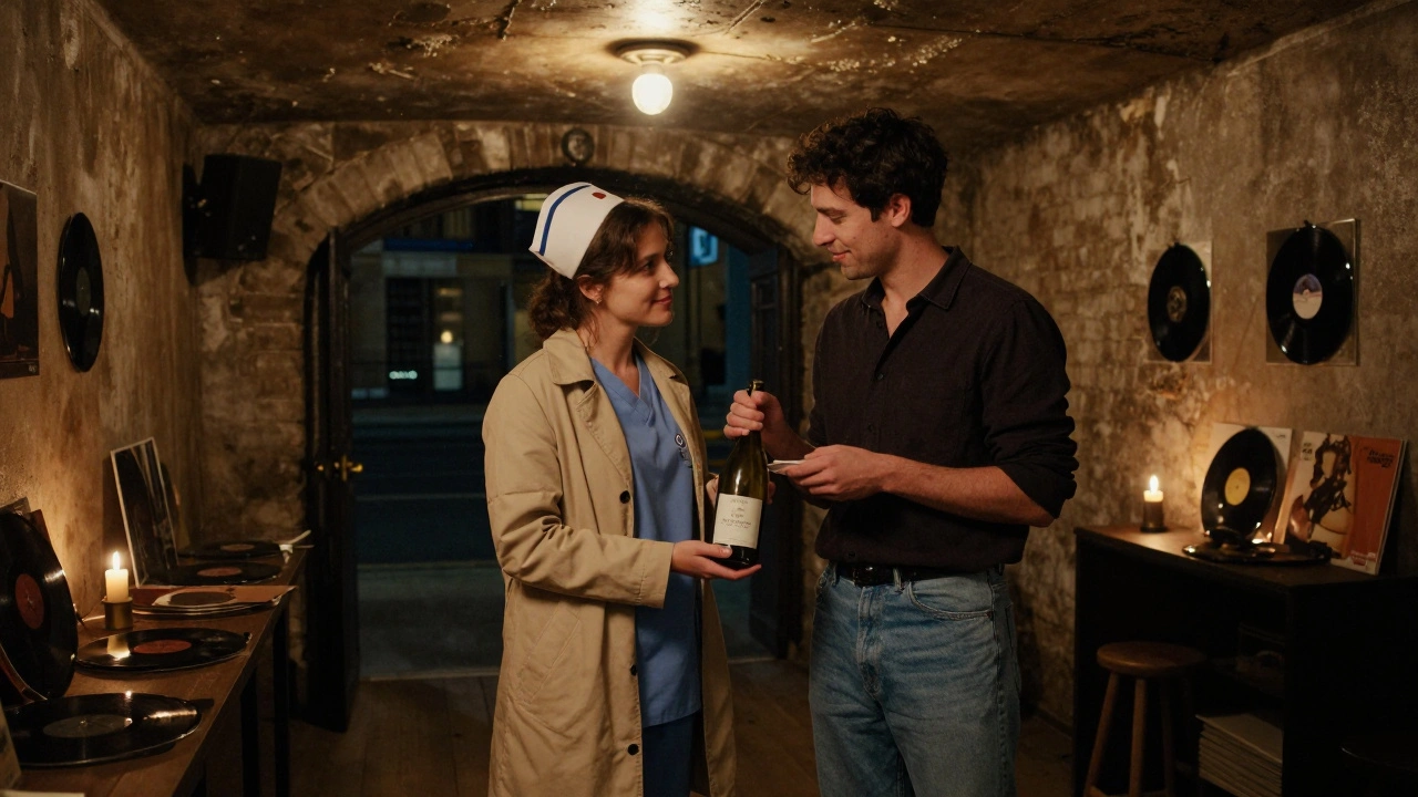 Two strangers sharing a bottle of wine in quiet conversation, candlelight glowing, vinyl record spinning softly in the background.